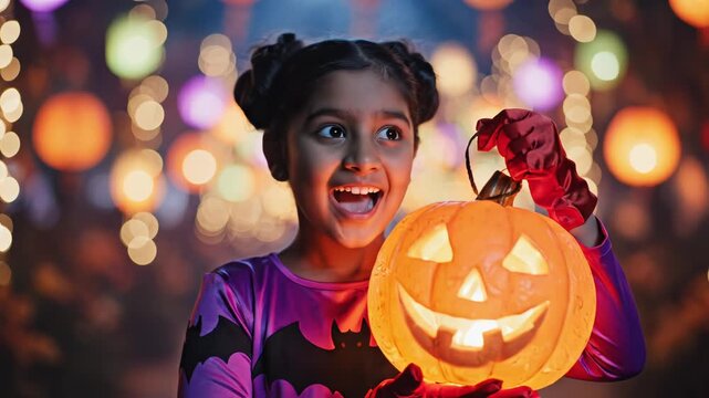 Young girl holding carved pumpkin