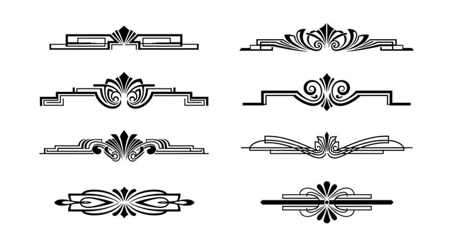 Elegant collection of vintage Art Deco style ornamental page dividers and decorative elements, perfect for sophisticated design projects and invitations.