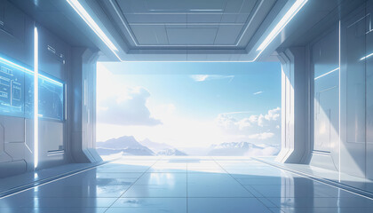 Bright Futuristic Sci-Fi Interior with Large Window Overlooking Snowy Mountains and Sky
