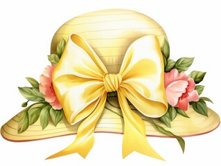 Elegant watercolor illustration of a vintage straw hat decorated with a large yellow ribbon and soft pink flowers, evoking spring fashion and seasonal charm.