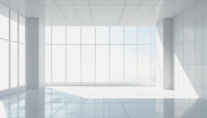 Bright, minimalist white office space with large windows, natural light, and tiled floor, clean and modern architectural interior