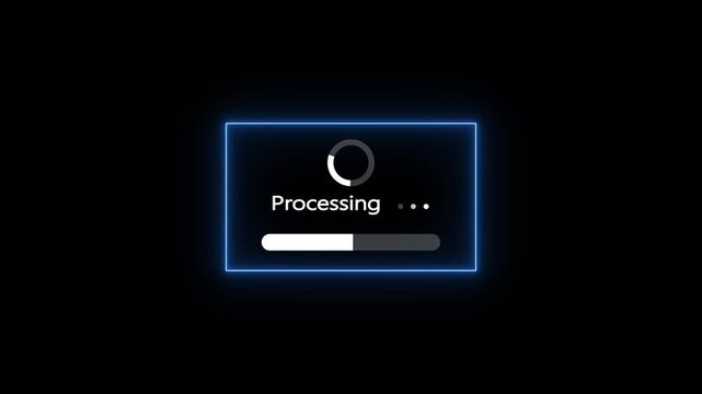 A computer interface displaying a loading or processing status with a spinning circle the word Processing" text, three pulsing dots, and a horizontal progress bar that is partially filled with