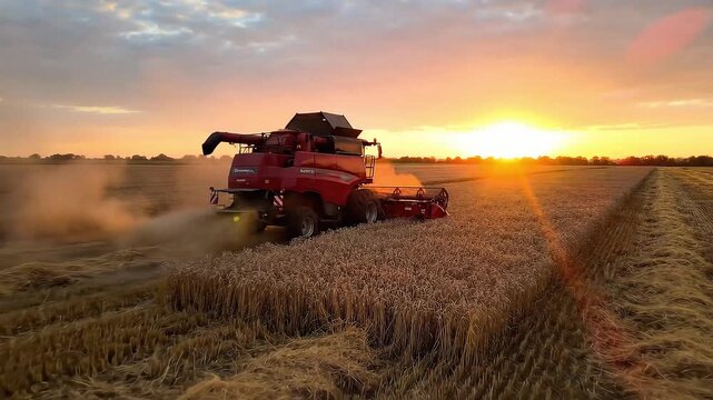 A powerful red combine harvester cuts golden wheat in a vast field at sunset, creating dust. Highlights modern agriculture and the bounty of harvest