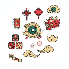 Colorful collection of Chinese New Year celebration icons, featuring traditional dragon, lanterns, lucky red envelopes, gold ingots, and cultural symbols