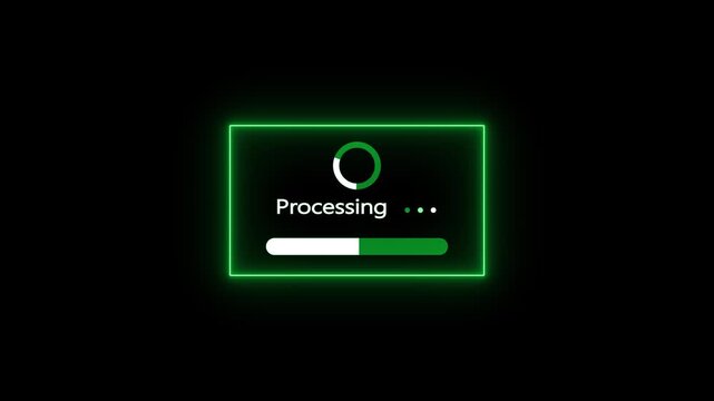 A computer interface showing a processing status with a spinning the text Processing", three animated dots, and a progress bar that is partially filled with green, all enclosed within a bright