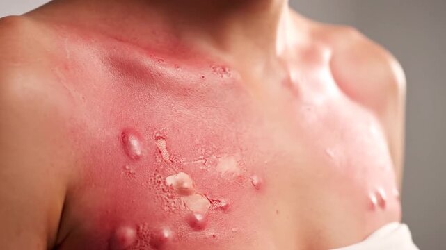 Severely burned chest with blisters and peeling skin