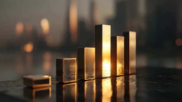 Gold bar chart reflecting golden sunset wet surface with warm lighting, financial growth and luxury atmosphere reflective gold bar chart with blurred city skyline and bokeh, modern financial concept