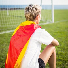 Young boy sitting on a soccer field with a red and yellow cape.