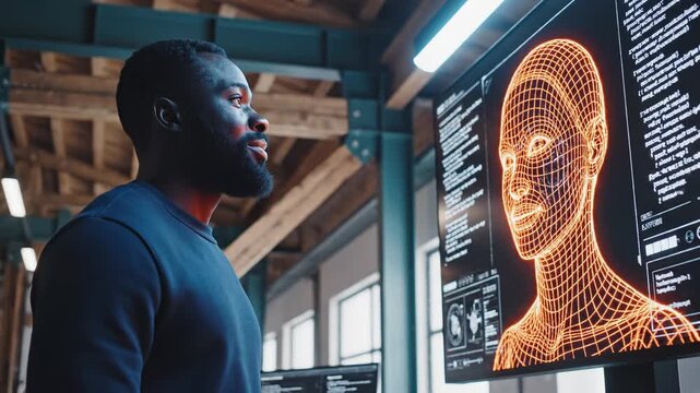 Man interacting with digital face model