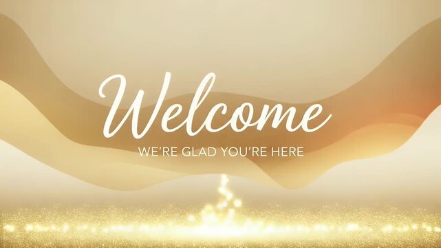 golden welcome title animation with flowing ribbons and sparkles