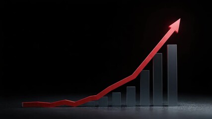Red upward arrow rising over ascending bar chart showing growth and success with dramatic lighting and dark background and glossy gray bar chart reflecting finance business statistics with rising red - Powered by Adobe