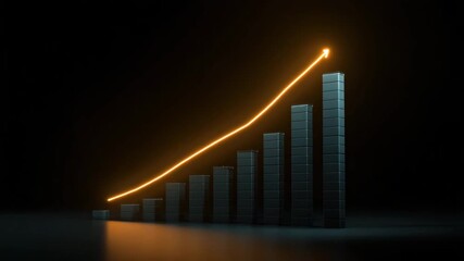 Rising bar chart glowing orange upward arrow showing business growth and success with finance data visualization trend increase and reflective dark surface modern chart design conveying progress - Powered by Adobe