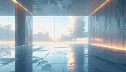 Modern architectural interior with large windows showcasing a cloudy sunset sky, reflective floors, and warm accent lighting, serene, abstract