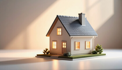 Detailed miniature model of a cozy house with illuminated windows, set on a green base with small trees, representing home, real estate, warmth