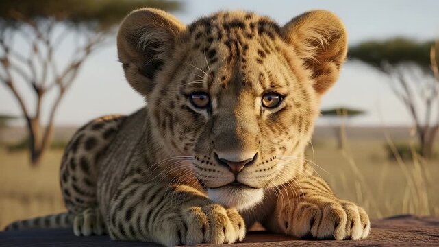 leopard cub resting on log in sunlit savanna