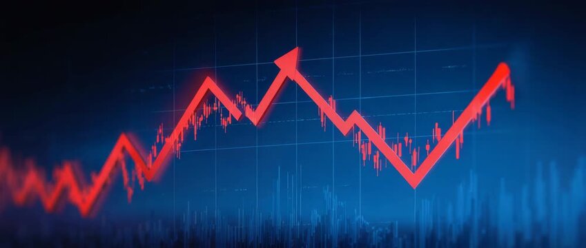 Red zigzag arrow stock chart over blue financial graph with candlestick and volume bars showing volatile market trend and growth, jagged arrow graph indicating upward movement and downward volatility