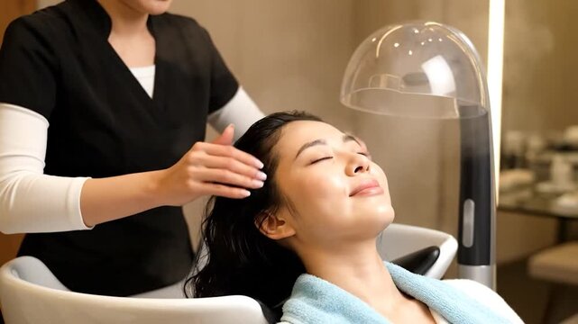 Relaxing hair treatment with facial steamer and masseuse