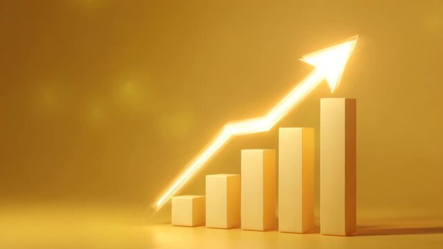 Golden bar chart glowing upward arrow showing growth and success with finance and business profit increase performance, warm gold gradient minimal concept conveying optimistic progress and financial