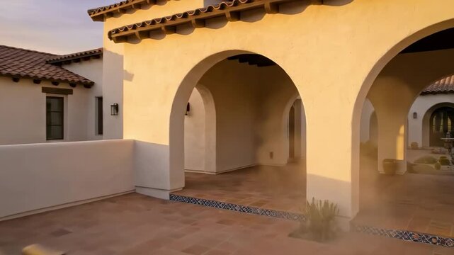 spanish style house exterior. A serene exterior view of a southwestern-style home featuring adobe walls, clay tile roofs, and arched doorways, set against a colorful sunset backdrop