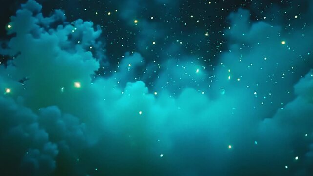 Vivid mists explode cyan vapor blast, weaving bold patterns across a green background, with glowing fireflies drifting in a serene, otherworldly scene under starlight.