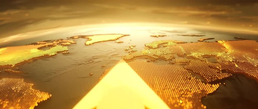 Golden illuminated world map and globe with metallic textured continents, golden map reflection and illuminated continent dots, networked globe and continent network with ascending upward arrows