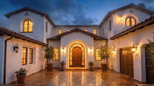 spanish style house exterior. A charming, well-lit Mediterranean-style villa at dusk, featuring arched doorways, terracotta tiles, and lush greenery in decorative pots, creating an inviting atmosphere