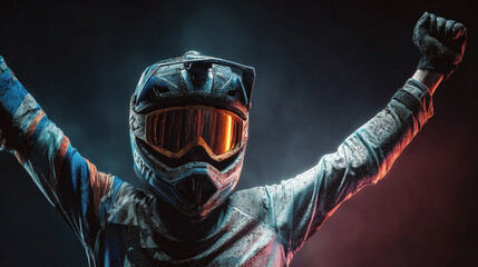 Naklejka premium A professional mountain biker wearing a helmet & goggles w/ color-gradient lenses. Professional, studio-lit, dark background, cinematic feel. He raises his arms in celebration of victory