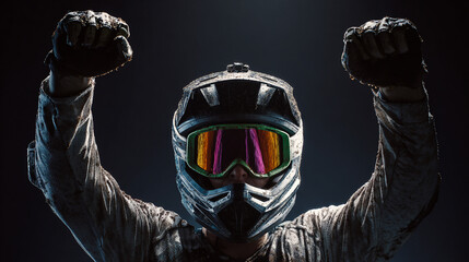 Naklejka premium A professional mountain biker wearing a helmet & goggles w/ color-gradient lenses. Professional, studio-lit, dark background, cinematic feel. He raises his arms in celebration of victory