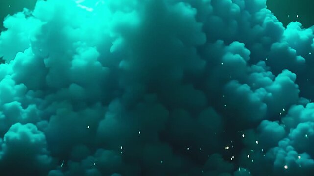 Vivid clouds explode cyan vapor blast, surging into bold shapes against a green background, with golden sparks twinkling in a vibrant, electrified setting at midday.