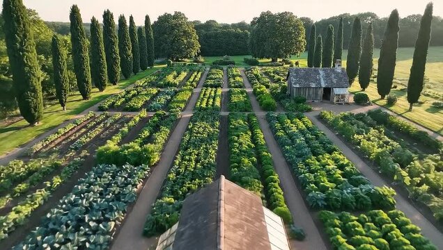 Aerial view of a large, well-maintained vegetable garden with rows of plants and tall trees.