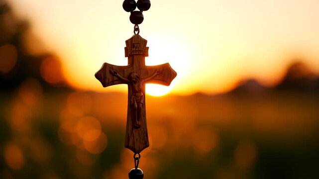 Wooden cross with sunset background