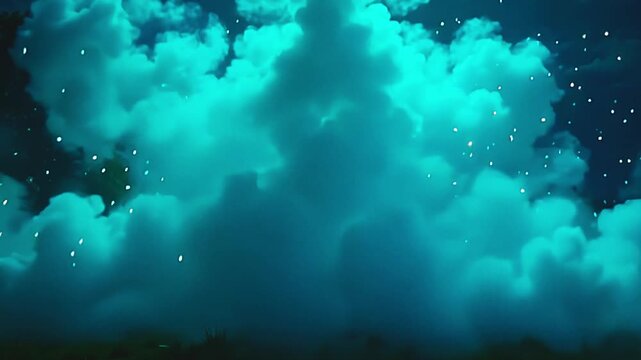 Bright mists explode cyan vapor blast, surging into angular patterns against a green background, with golden sparks floating in a serene, festive setting at dusk.