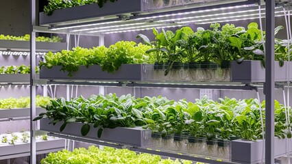Indoor hydroponic farm growing fresh green leafy vegetables under led lights