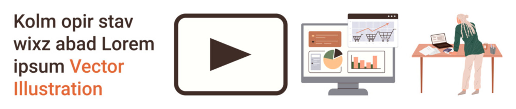 Business solutions, data analytics, online strategy, digital marketing, corporate planning, video streaming. Graphs on screens and a businesswoman at a desk. Business solutions and data analytics