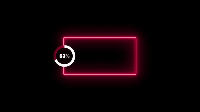 A magenta neon rectangular frame with a circular progress indicator displaying 100 percent, located on the left against a black background, representing loading or data status