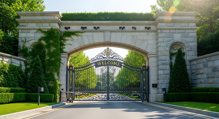 Ornate iron gate welcomes visitors to a luxurious estate on a sunny day, showcasing wealth and exclusivity with lush greenery and elegant stonework.