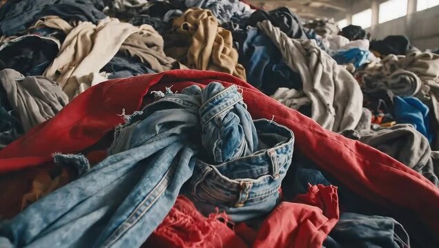 A large pile of discarded clothing and textiles for recycling.