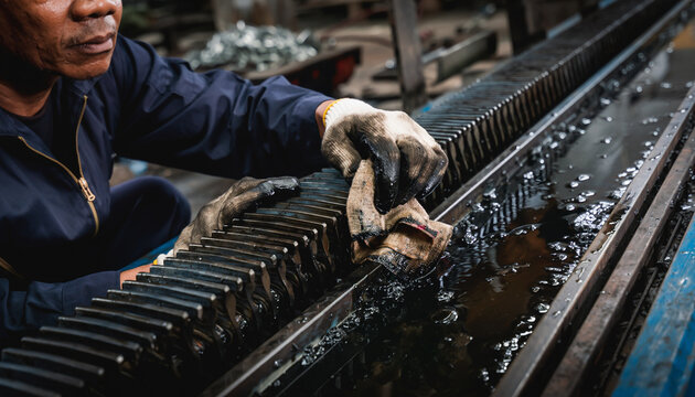 A focused shot of a factory worker cleaning oily industrial gears and metal parts by hand in a production line setting.