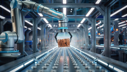 Obraz premium Robotic arm handler moves a damaged industrial component over an automated assembly line in a high-tech smart factory, symbolizing quality control and precision.