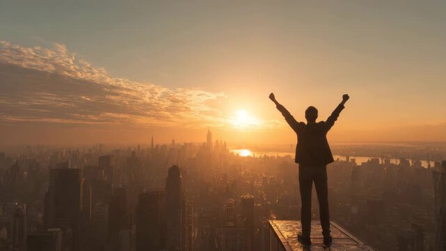 Silhouette of triumphant businessman rooftop sunrise overlooking city skyline with golden hour sunrise light, victorious person standing rooftop edge inspiring achievement and freedom, silhouette man