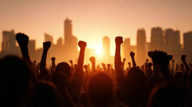 Silhouette crowd with raised fist sunset front of city skyline. energetic protest celebration, urban demonstration and solidarity amid golden light, passionate unity dramatic city skyline crowd