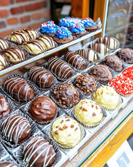 Gourmet chocolate truffle assorted confection sweet dessert bakery display candy shop glass case luxury treat colorful sprinkle chocolate truffle