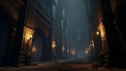 Obraz premium Dimly lit medieval hall with ancient architecture and flickering torches illuminating the stone pathway