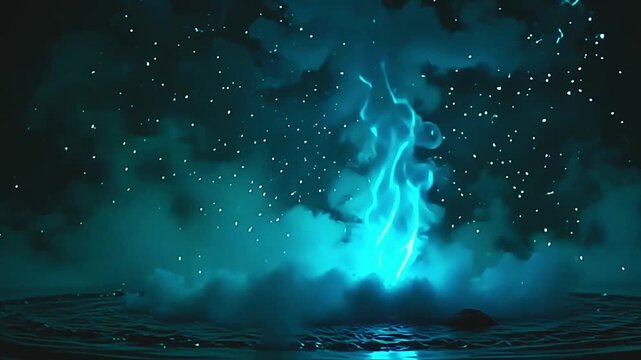 Electric wisps explode cyan vapor blast, surging into vibrant patterns against a green background, with soft ripples dancing in a vibrant, aquatic-inspired scene at dawn.