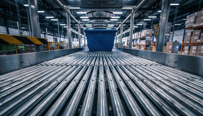 Blue container moving along an automated roller conveyor belt in a large, modern logistics warehouse, symbolizing shipping, sorting, and automation.