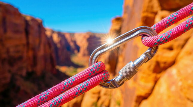 Close-up of a climbing carabiner and red rope against a sunny canyon backdrop, symbolizing outdoor adventure, safety, and challenge.