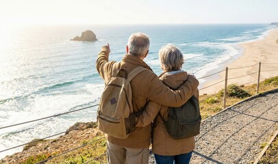 Senior couple embracing, watching the scenic ocean and sandy beach from a cliffside path. Enjoying travel and retirement freedom.