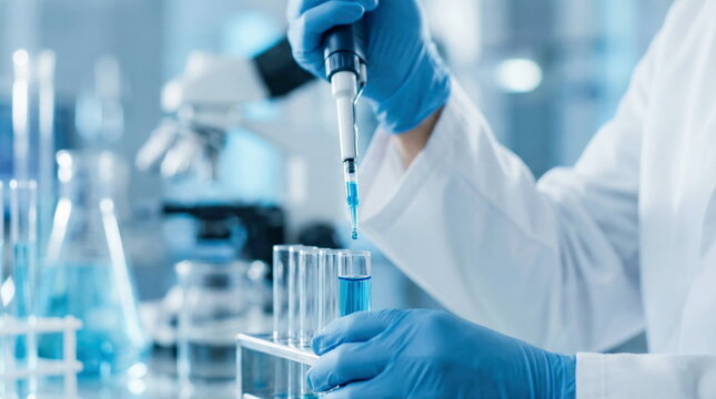Scientist in a lab coat and blue gloves pipetting blue liquid into a test tube during a scientific experiment in a modern laboratory.