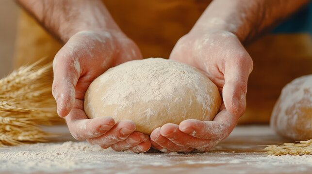 Floured hands carefully holding round of fresh bread dough, symbolizing homemade baking