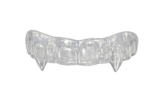 Clear plastic vampire fangs, an accessory for halloween costumes and horror themed events, isolated on transparent background